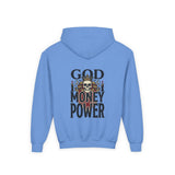Youth Hoodie "God Money Power" Skull Graphic