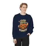 God Money Power- Pumpkin Sweatshirt — Halloween Jack-O'-Lantern Graphic Crewneck