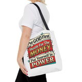 Tote Bag — "Put GOD First, Hustle For The MONEY, Put Yourself In POWER" Inspirational Graphic Tote